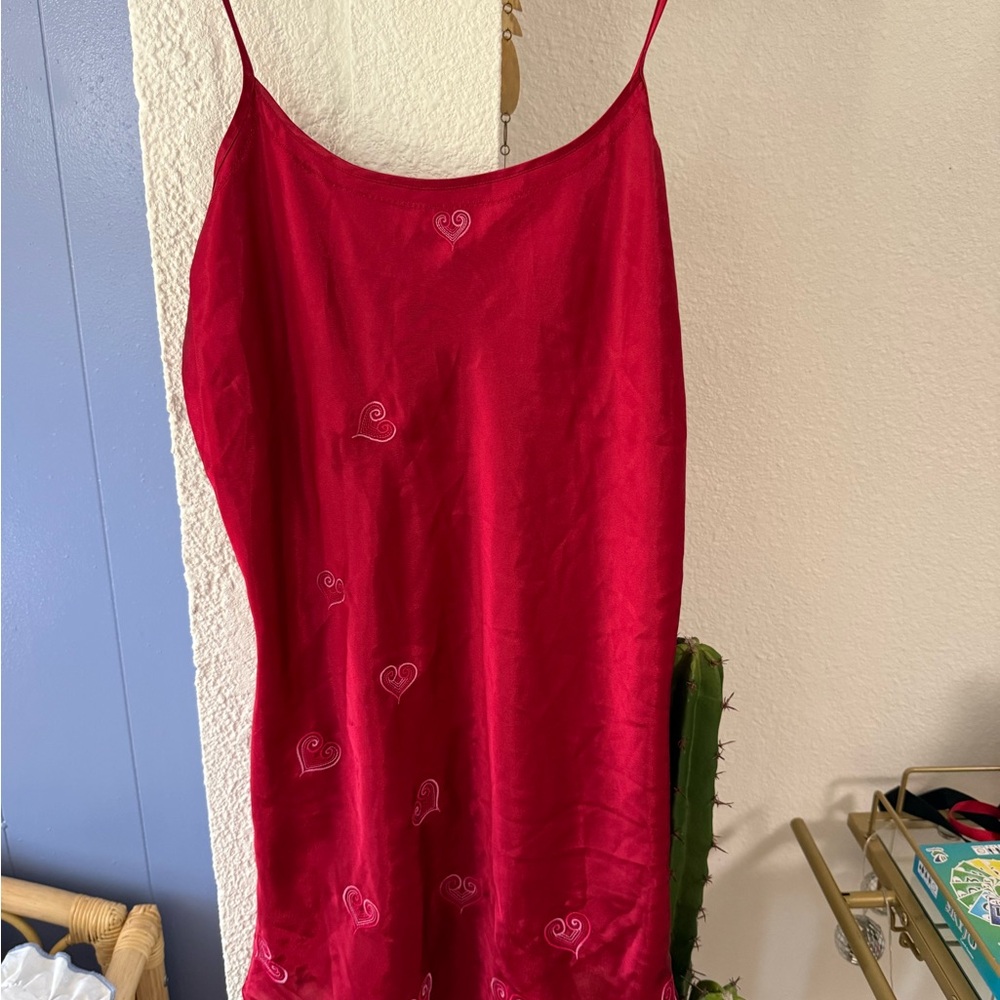 Vintage Red Women's Satin Slip Dress with Heart Embroidery